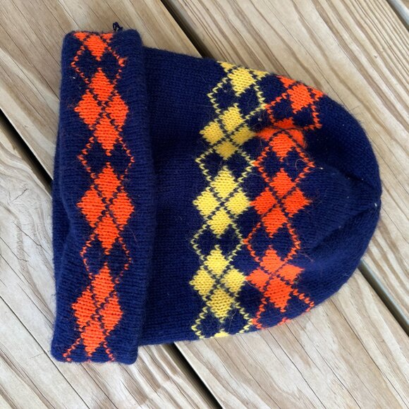 vintage beanie argyle acrylic blue orange yellow 70s winter hat knit - Picture 4 of 4